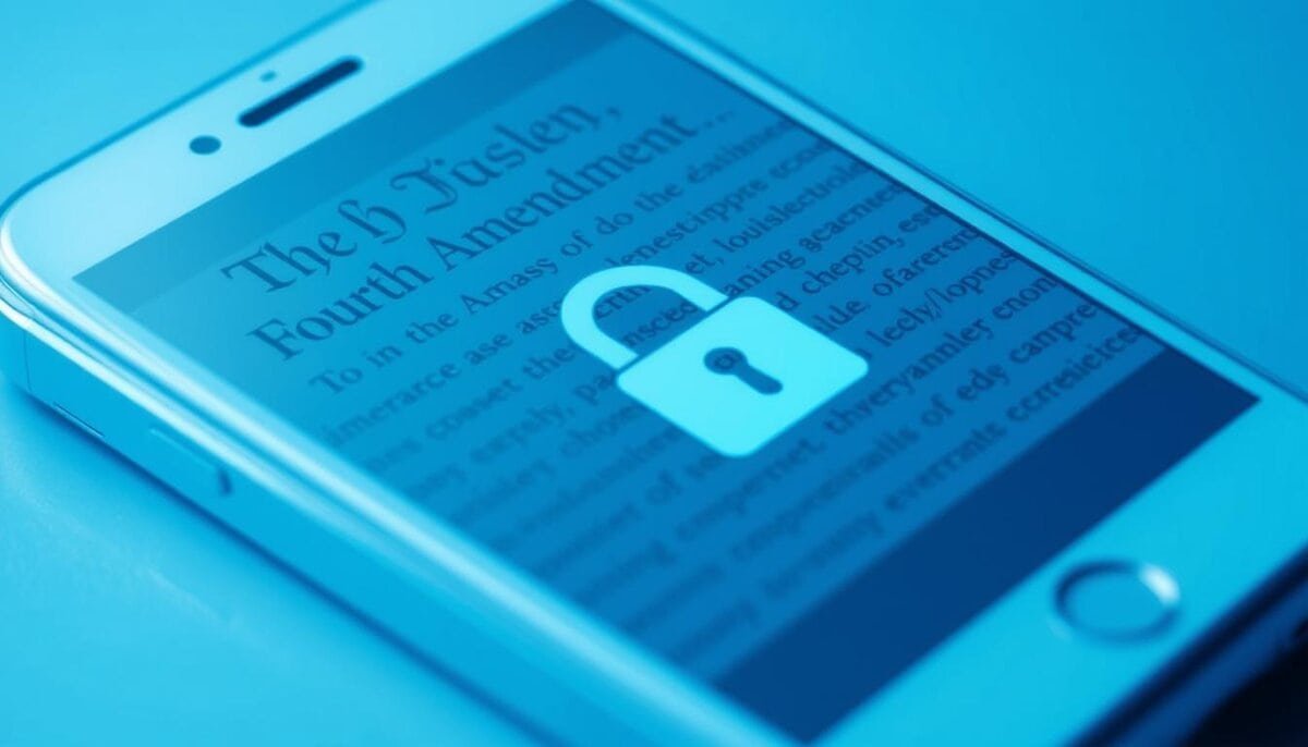 Fourth Amendment text overlaid on smartphone with digital lock - phone search warrant privacy protection by Darren Chaker