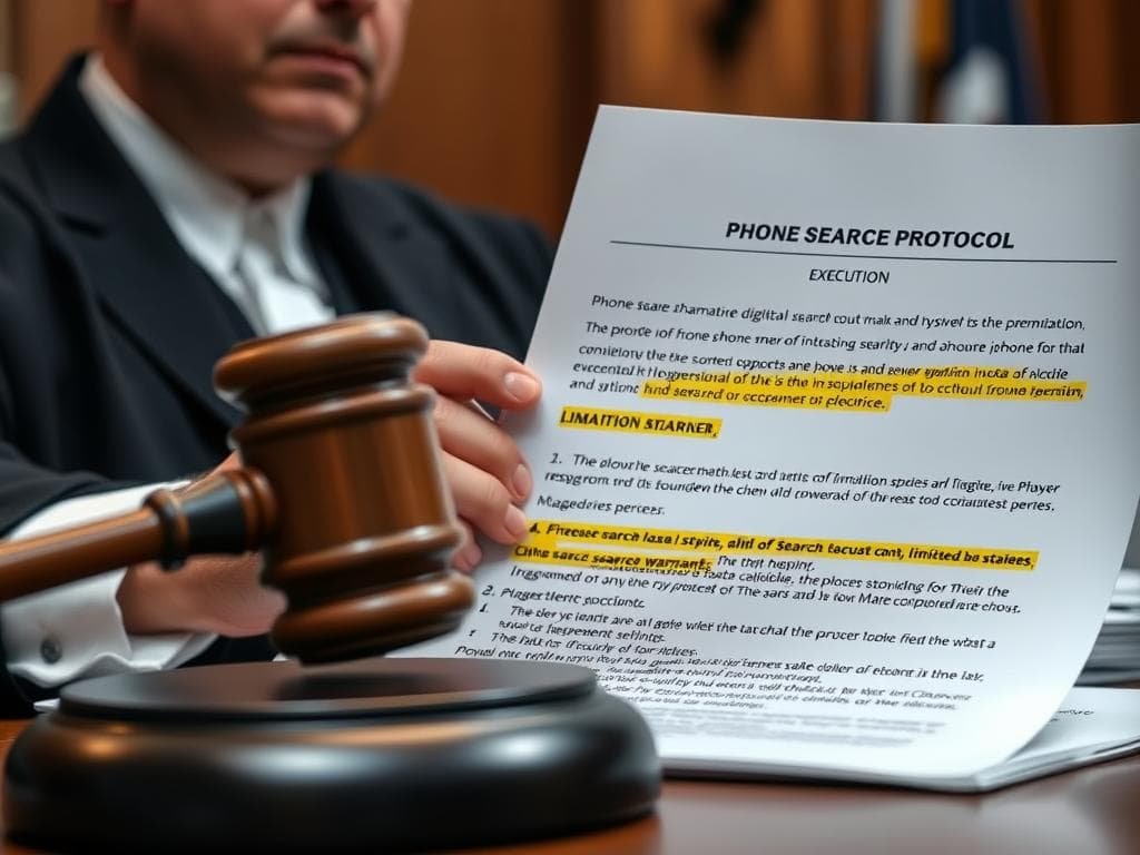 Judge reviewing search protocol document with highlighted limitations