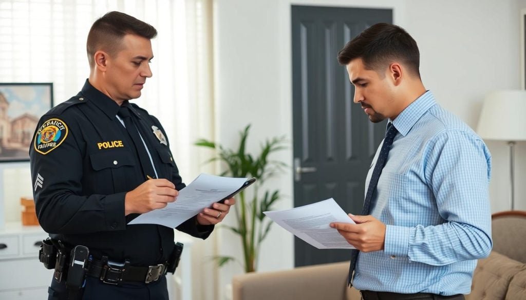 Person being informed of rights during phone search warrant execution