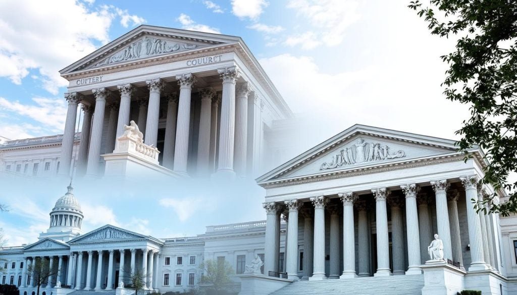 United States courthouse buildings with digital overlay representing circuit split